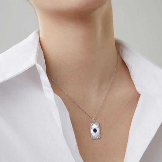 Engraved Sapphire Pendant — 925 Silver Vintage Necklace