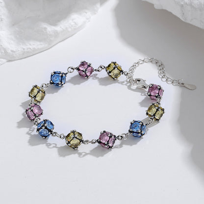 Zircon Glass Bead Bracelet — 925 Silver Rose & Sky Blue