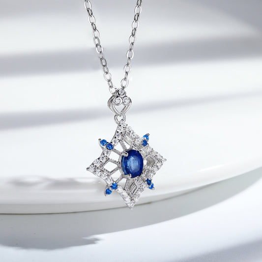 Geometric Sapphire Pendant — 925 Silver Hollow Necklace