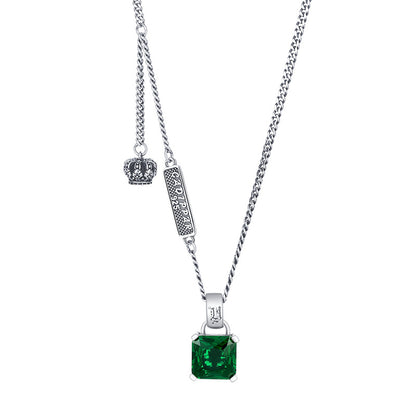 Crown Charm Emerald Necklace — 925 Silver Sweater Chain