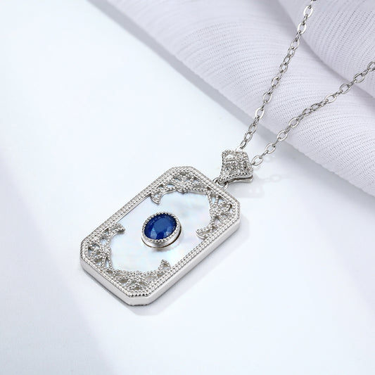 Engraved Sapphire Pendant — 925 Silver Vintage Necklace
