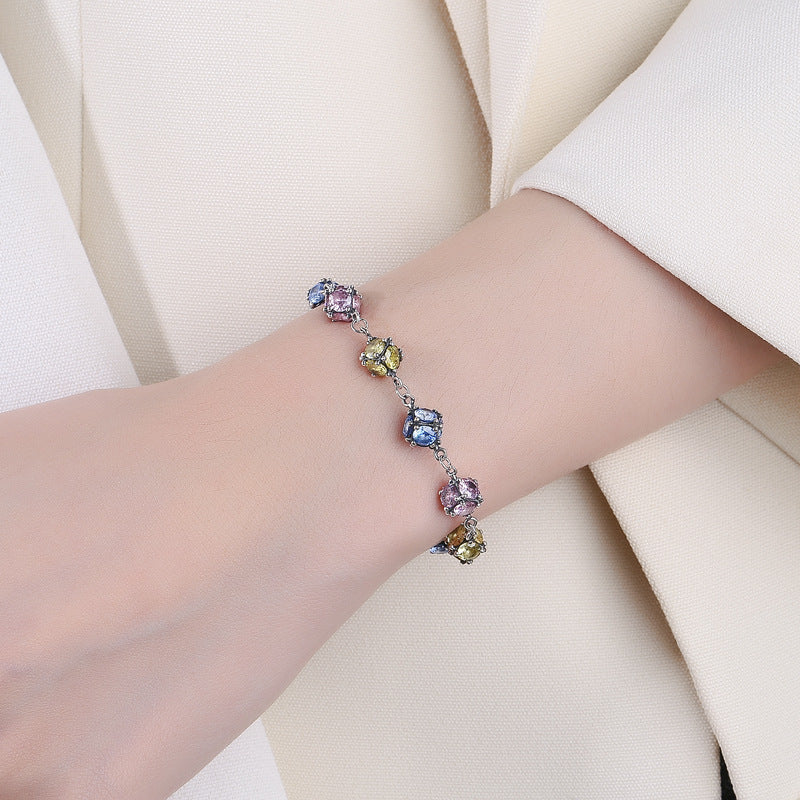 Zircon Glass Bead Bracelet — 925 Silver Rose & Sky Blue