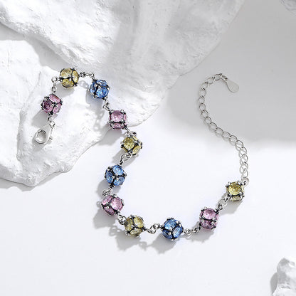 Zircon Glass Bead Bracelet — 925 Silver Rose & Sky Blue