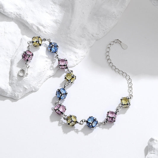 Zircon Glass Bead Bracelet — 925 Silver Rose & Sky Blue