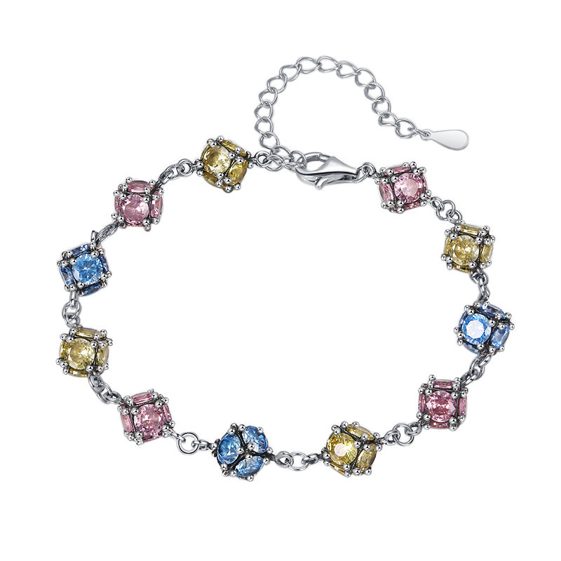 Zircon Glass Bead Bracelet — 925 Silver Rose & Sky Blue