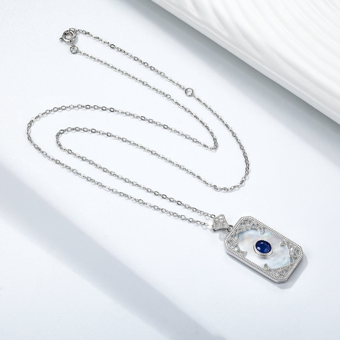 Engraved Sapphire Pendant — 925 Silver Vintage Necklace