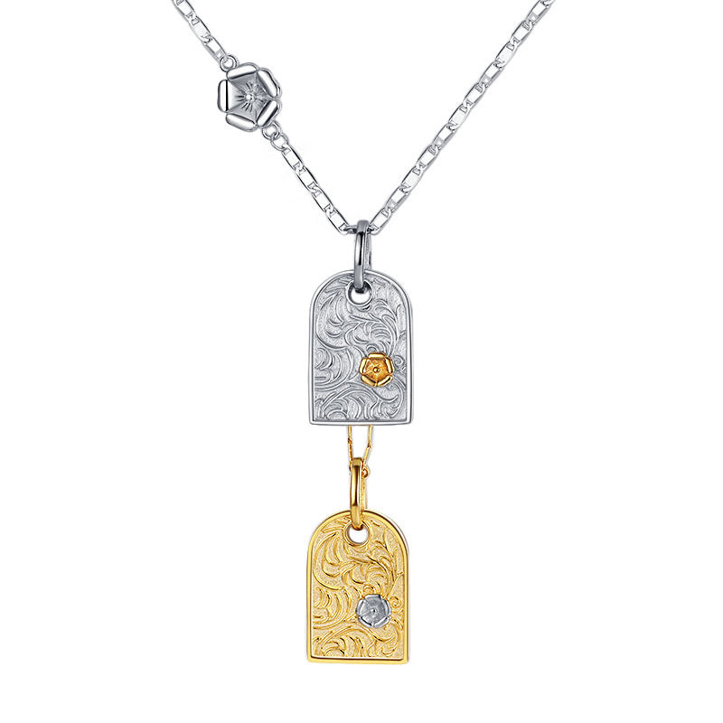 Geometric Square Pendant — Two-Tone 925 Silver Necklace