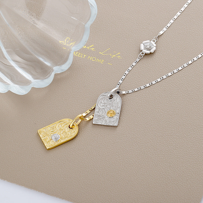 Geometric Square Pendant — Two-Tone 925 Silver Necklace