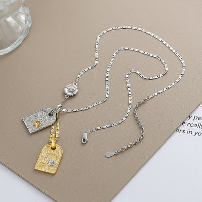 Geometric Square Pendant — Two-Tone 925 Silver Necklace
