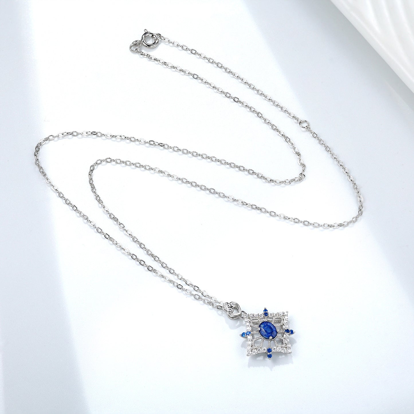 Geometric Sapphire Pendant — 925 Silver Hollow Necklace