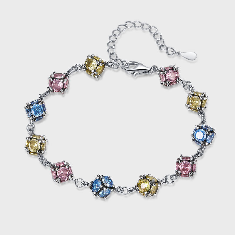 Zircon Glass Bead Bracelet — 925 Silver Rose & Sky Blue