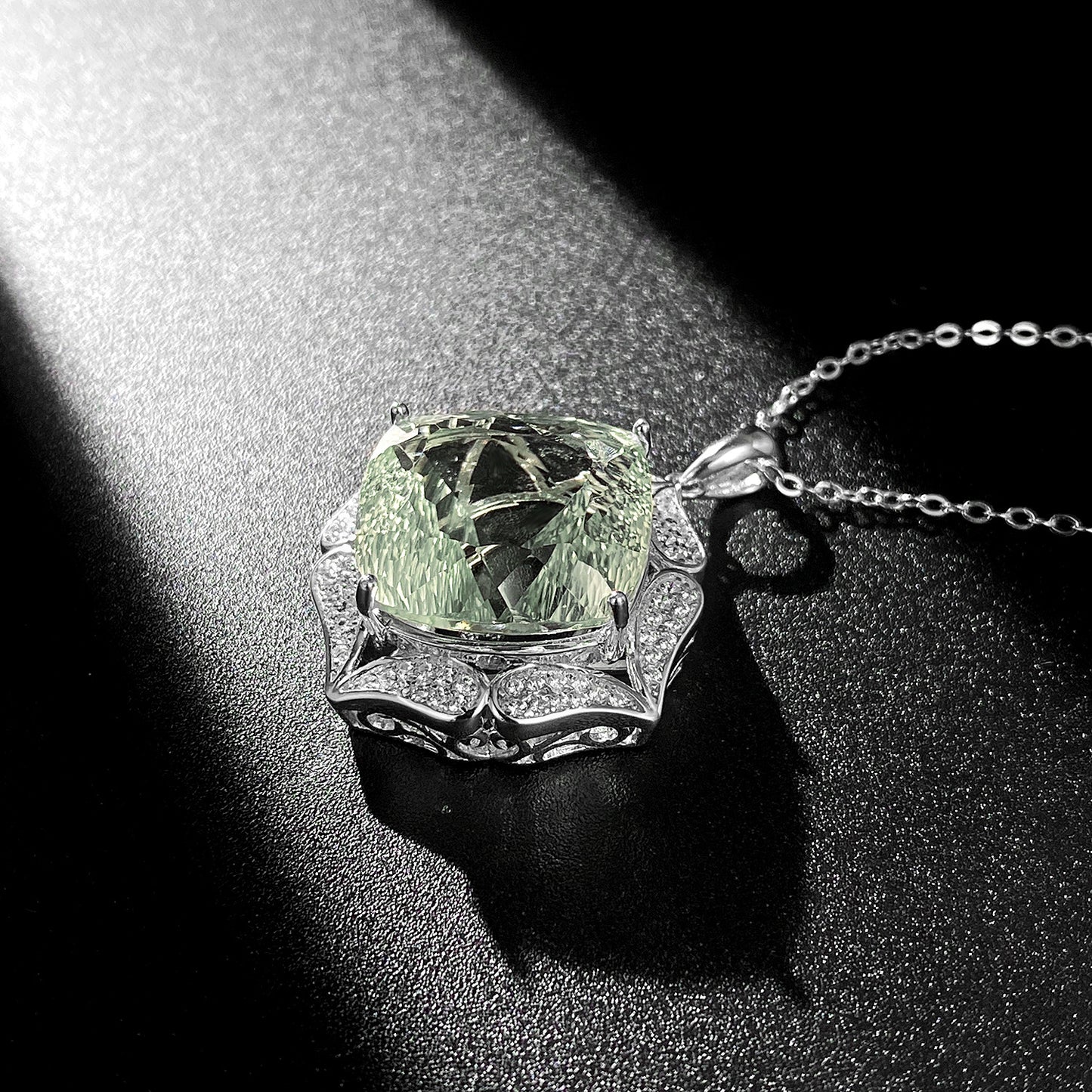 Green Crystal Sweater Necklace — 925 Silver Statement