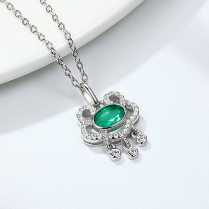 Emerald Auspicious Lock Pendant — 925 Silver Necklace