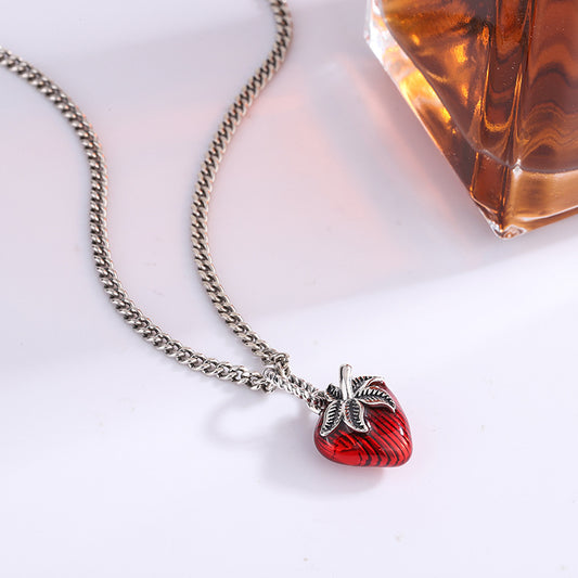 Enamel Strawberry Pendant — 925 Silver French Retro