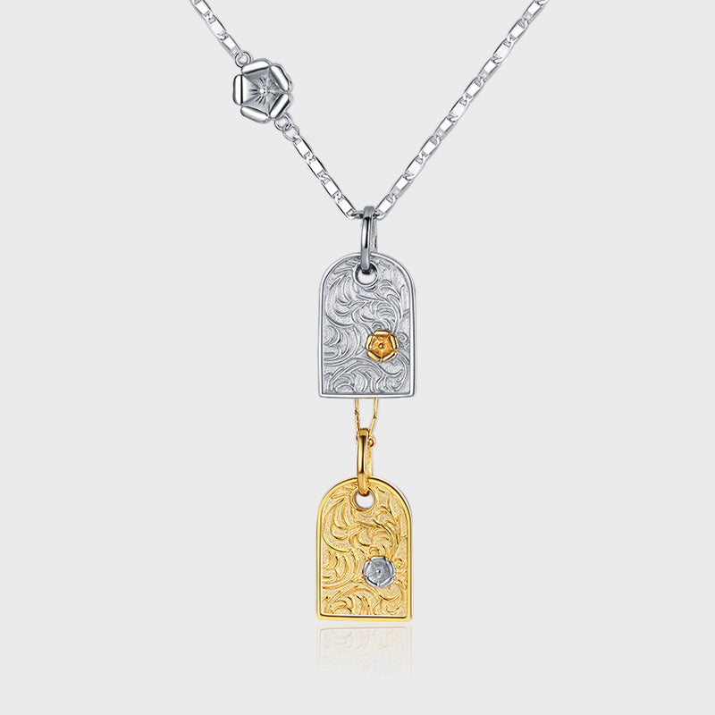Geometric Square Pendant — Two-Tone 925 Silver Necklace