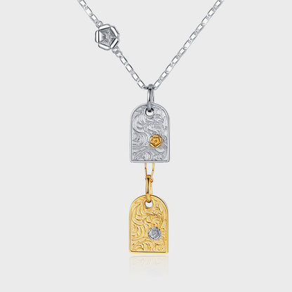 Geometric Square Pendant — Two-Tone 925 Silver Necklace