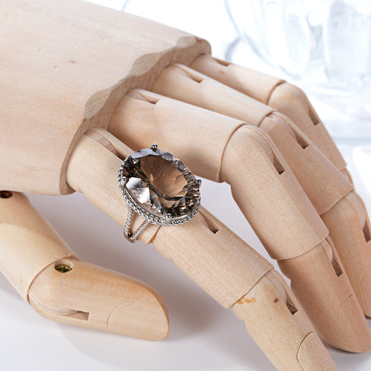 Smoky Tea Crystal Ring — 925 Silver Luxury Inlaid
