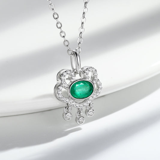 Emerald Auspicious Lock Pendant — 925 Silver Necklace