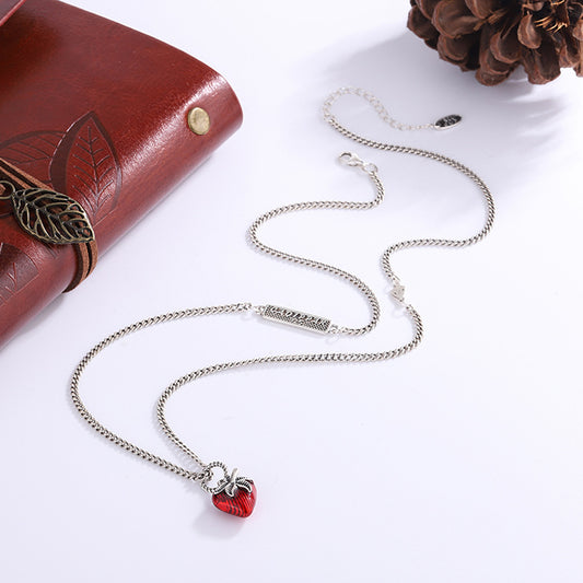 Enamel Strawberry Pendant — 925 Silver French Retro
