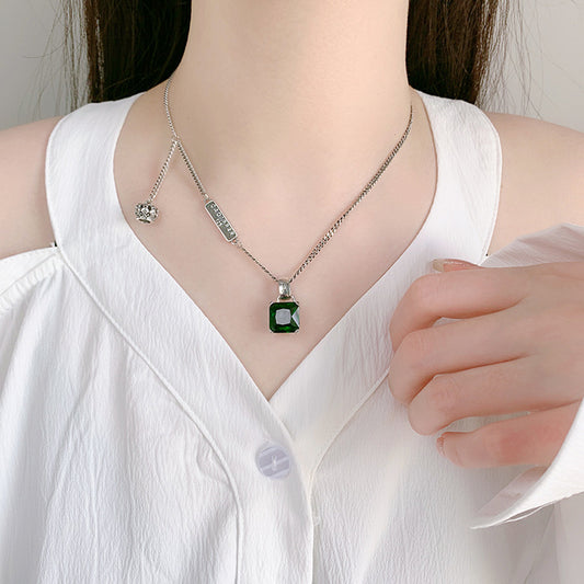 Crown Charm Emerald Necklace — 925 Silver Sweater Chain