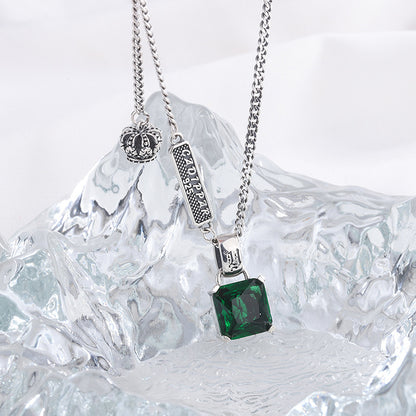 Crown Charm Emerald Necklace — 925 Silver Sweater Chain