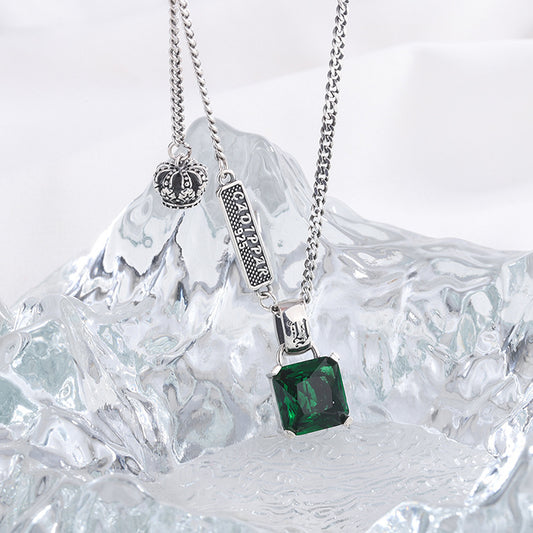 Crown Charm Emerald Necklace — 925 Silver Sweater Chain