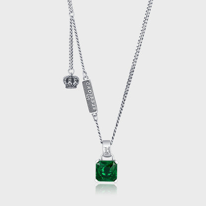 Crown Charm Emerald Necklace — 925 Silver Sweater Chain